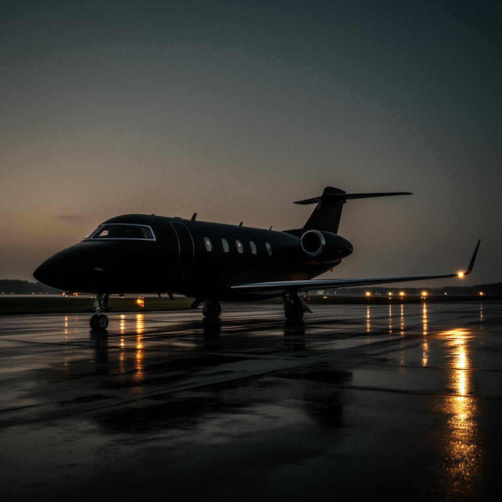 Empty leg private jet repositioning on a wet runway at dusk