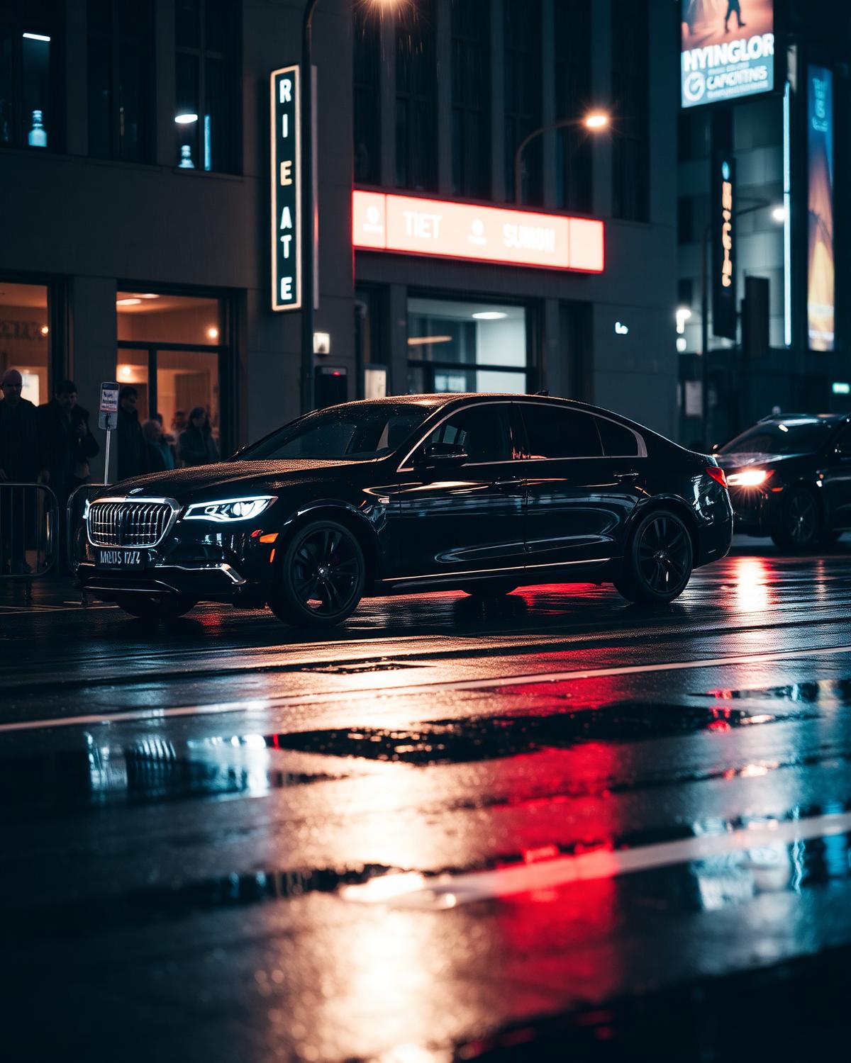Executive chauffeur car on a rainy city night