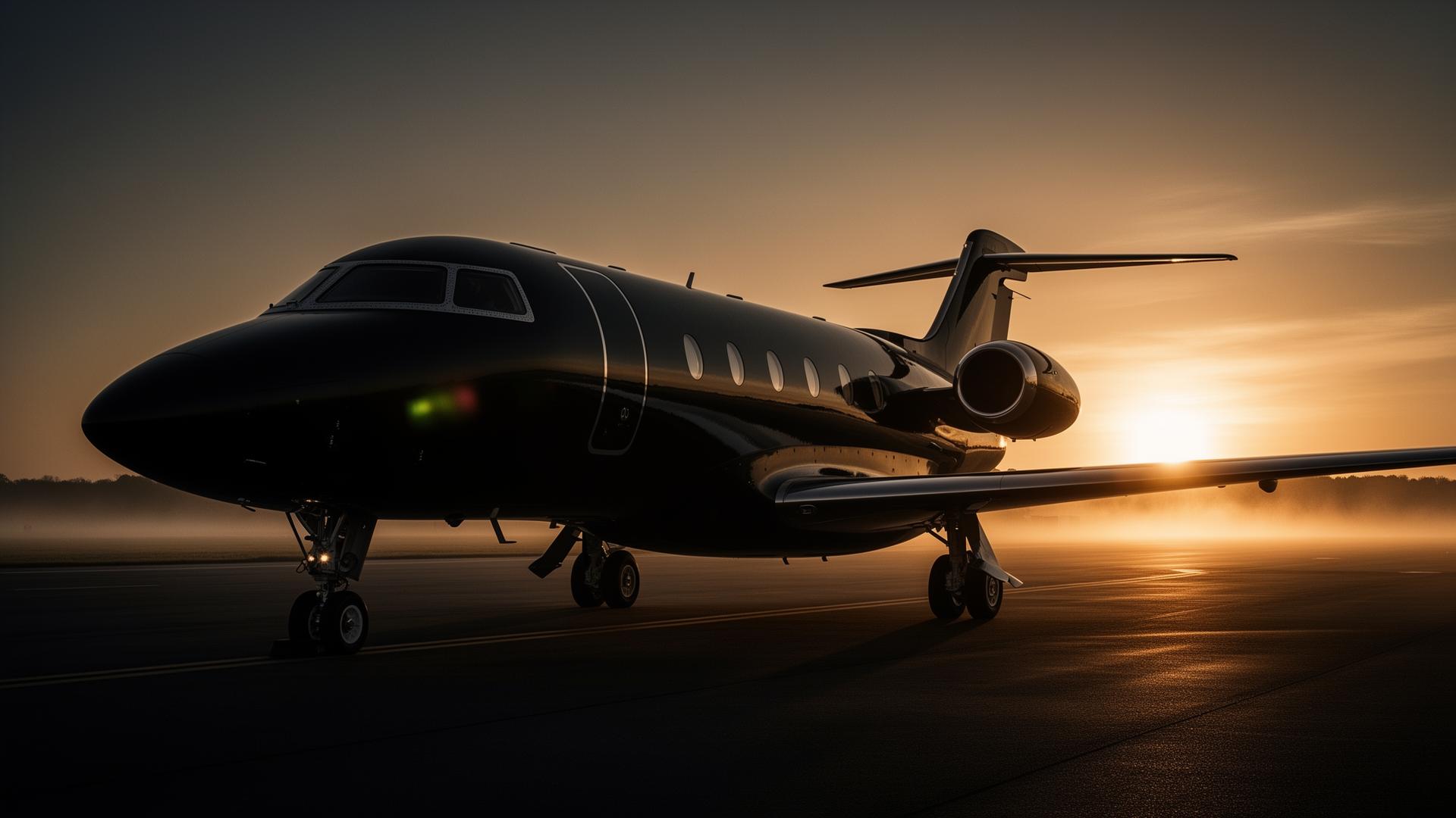Private jet at sunset on a runway