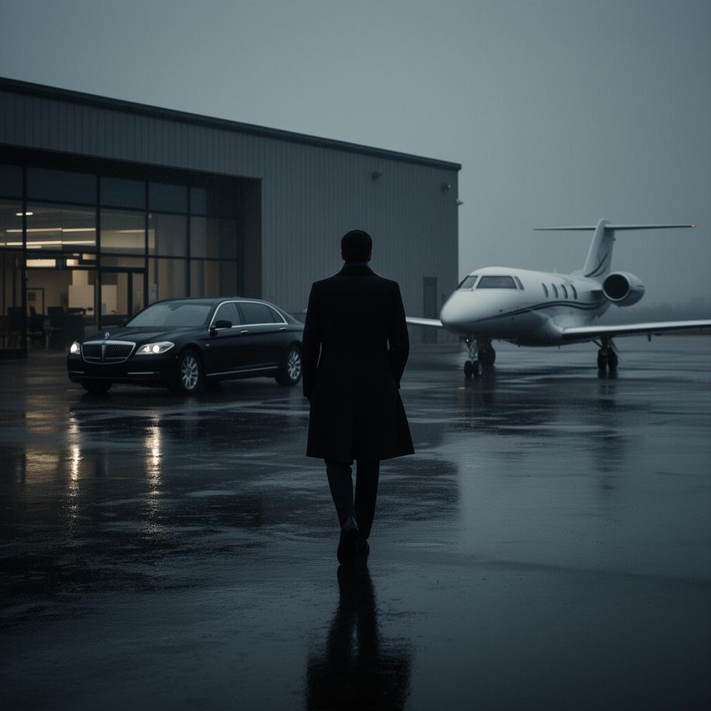 Discreet figure walking to a private jet and chauffeured car on a rainy tarmac