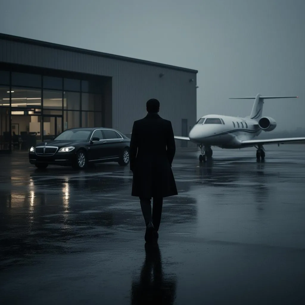 Discreet figure walking to a private jet and chauffeured car on a rainy tarmac
